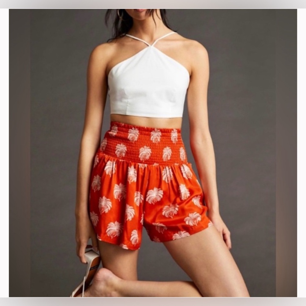 Anthropologie Silky Smocked 100% Viscose Shorts Red Small
